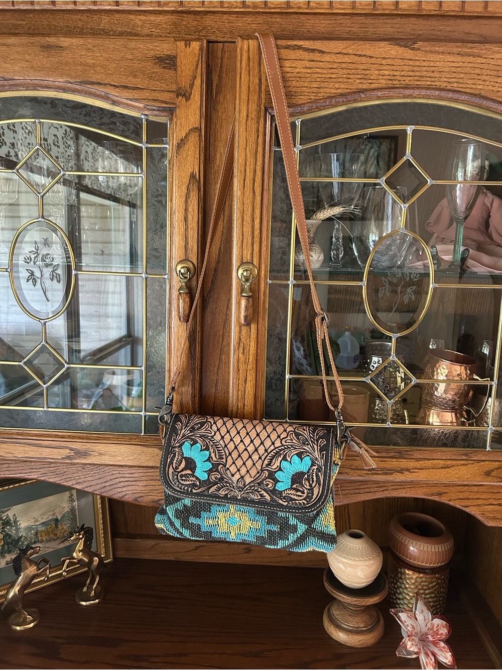 Tooled leather and canvas Myra bag